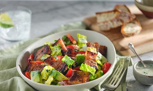 Maple Soy Grilled Pork Belly, Lettuce and Tomato Salad