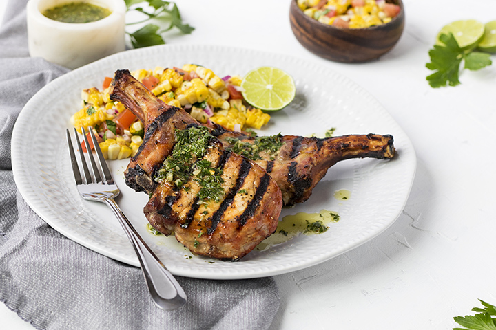 Char-Grilled Pork Chops with Chimichurri & Roasted Corn Salad