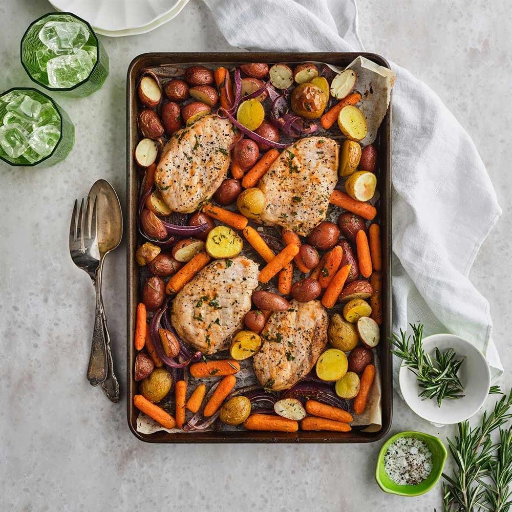 Sweet Potatoes Pork Chop Brussel Sprouts Sheet Pan Sheet Pan Baked
